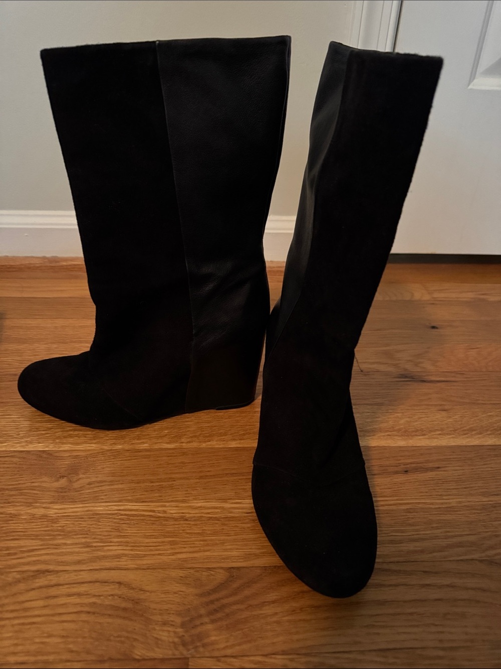 Enzo Angiolini Two-Tone Black Leather and Suede Mid-Calf Boots